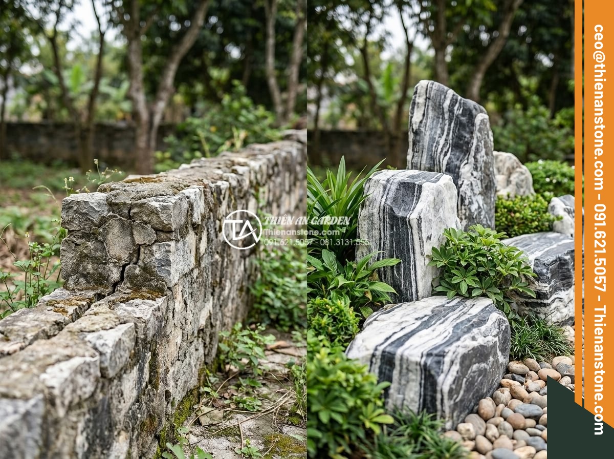 5 Sai lầm nghiêm trọng khi tự làm tiểu cảnh vách tường tại nhà - Before and after comparison image showing cracked and faded low-quality stone wa