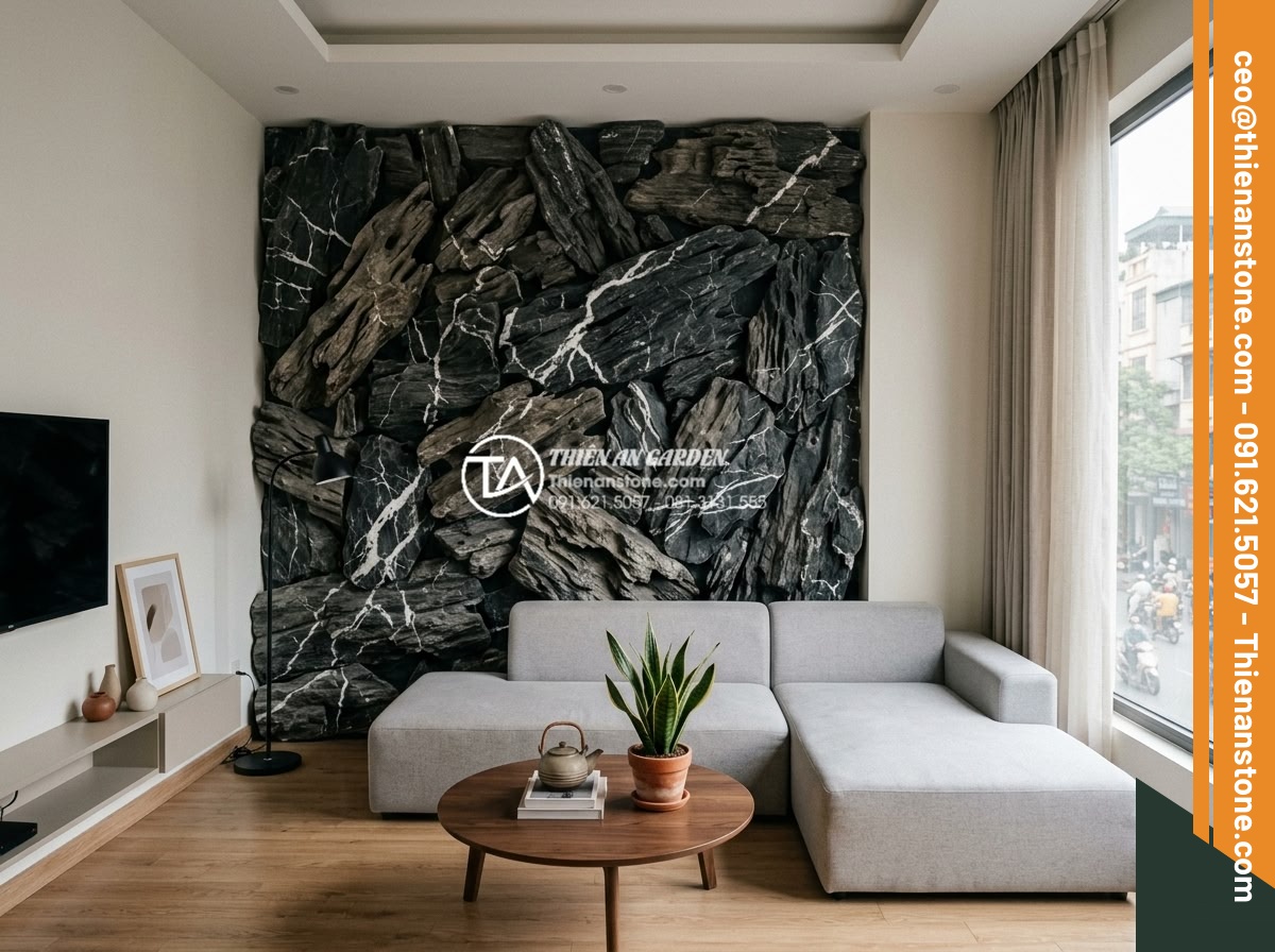 5 Sai lầm nghiêm trọng khi tự làm tiểu cảnh vách tường tại nhà - Modern minimalist living room with poorly designed cluttered stone wall feature 