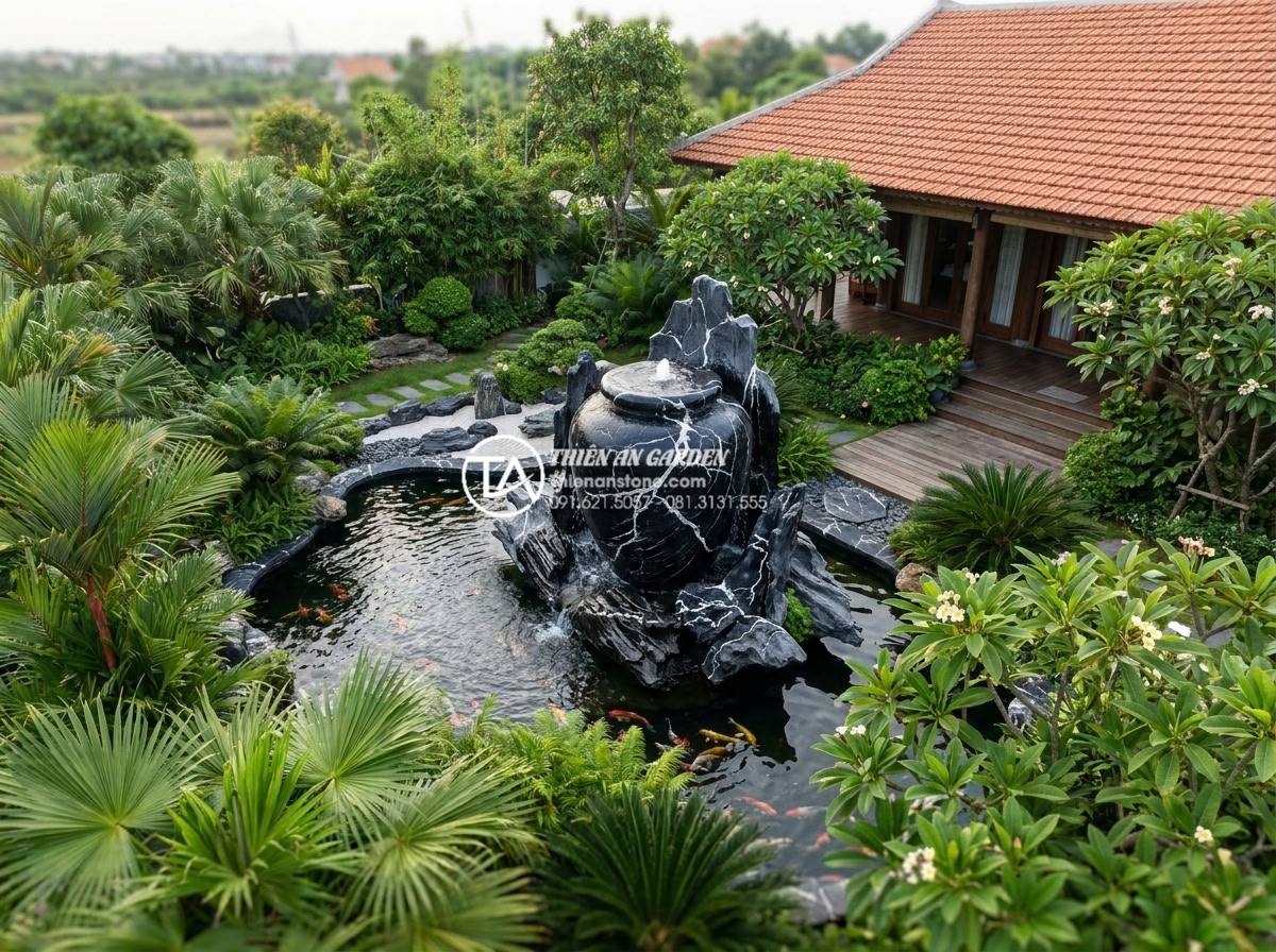 5 sai lầm phổ biến khi lắp đặt tiểu cảnh chum vại khiến gia chủ mất tiền oan - Stunning aerial view of a complete luxury villa garden with centerpiece natural 