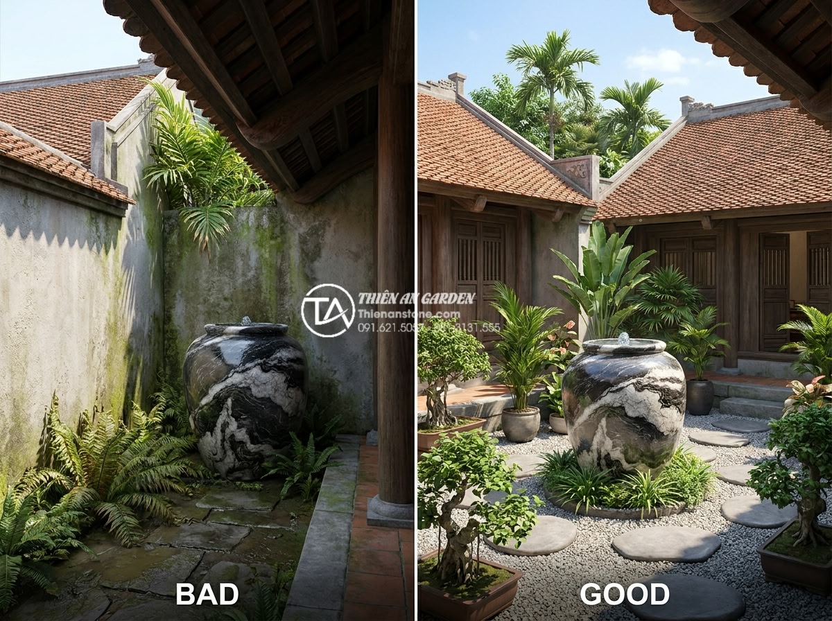 5 sai lầm phổ biến khi lắp đặt tiểu cảnh chum vại khiến gia chủ mất tiền oan - Professional illustration showing bad vs good placement of chum vại water featur