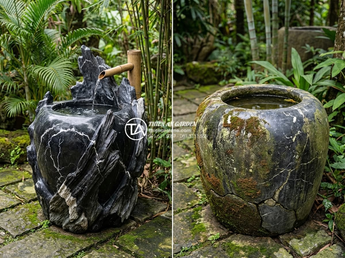 5 sai lầm phổ biến khi lắp đặt tiểu cảnh chum vại khiến gia chủ mất tiền oan - Side-by-side comparison image of high-quality hand-carved Vietnamese stone water
