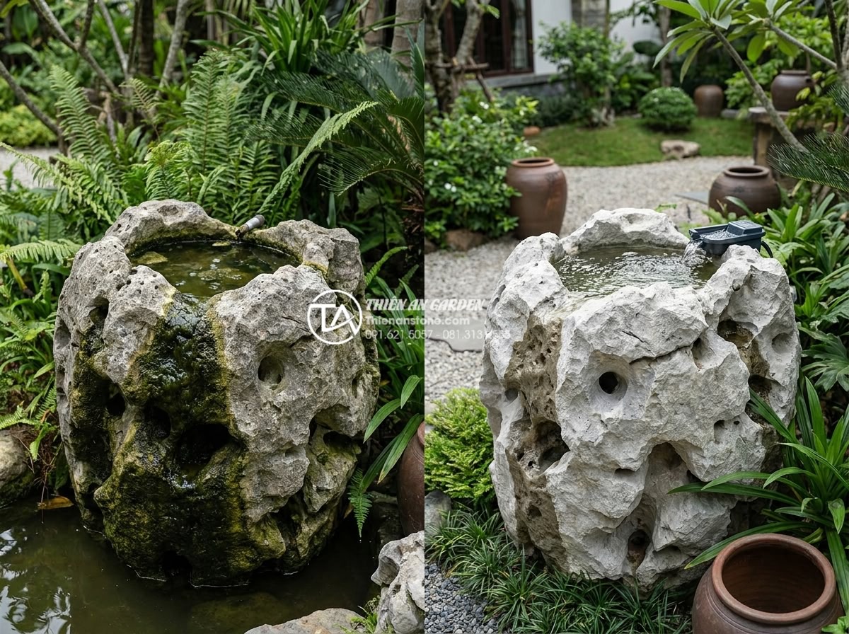 5 sai lầm phổ biến khi lắp đặt tiểu cảnh chum vại khiến gia chủ mất tiền oan - Before and after professional maintenance photograph of a natural stone water ja