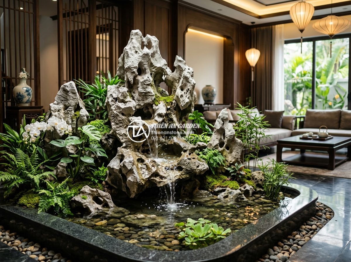 7 Lỗi thường gặp khi làm tiểu cảnh nước trong nhà khiến gia chủ 'mất lộc' - Hình 1 7 Lỗi thường gặp khi làm tiểu cảnh nước trong nhà khiến gia chủ 'mất lộc' - High-resolution professional photograph of a luxurious indoor natural stone wate