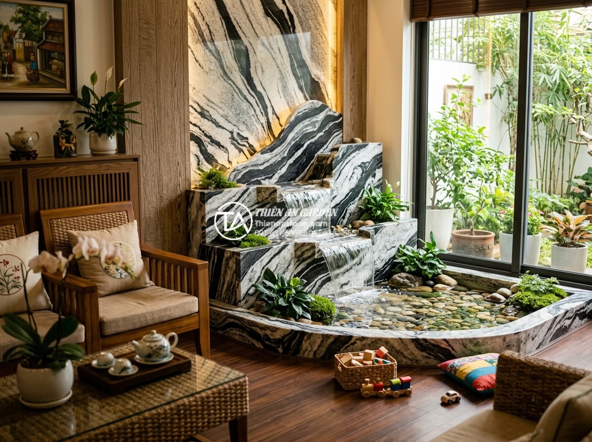 7 Lỗi thường gặp khi làm tiểu cảnh nước trong nhà khiến gia chủ 'mất lộc' - Hình 10 7 Lỗi thường gặp khi làm tiểu cảnh nước trong nhà khiến gia chủ 'mất lộc' - Inspirational realistic image of a happy Vietnamese family enjoying their new in