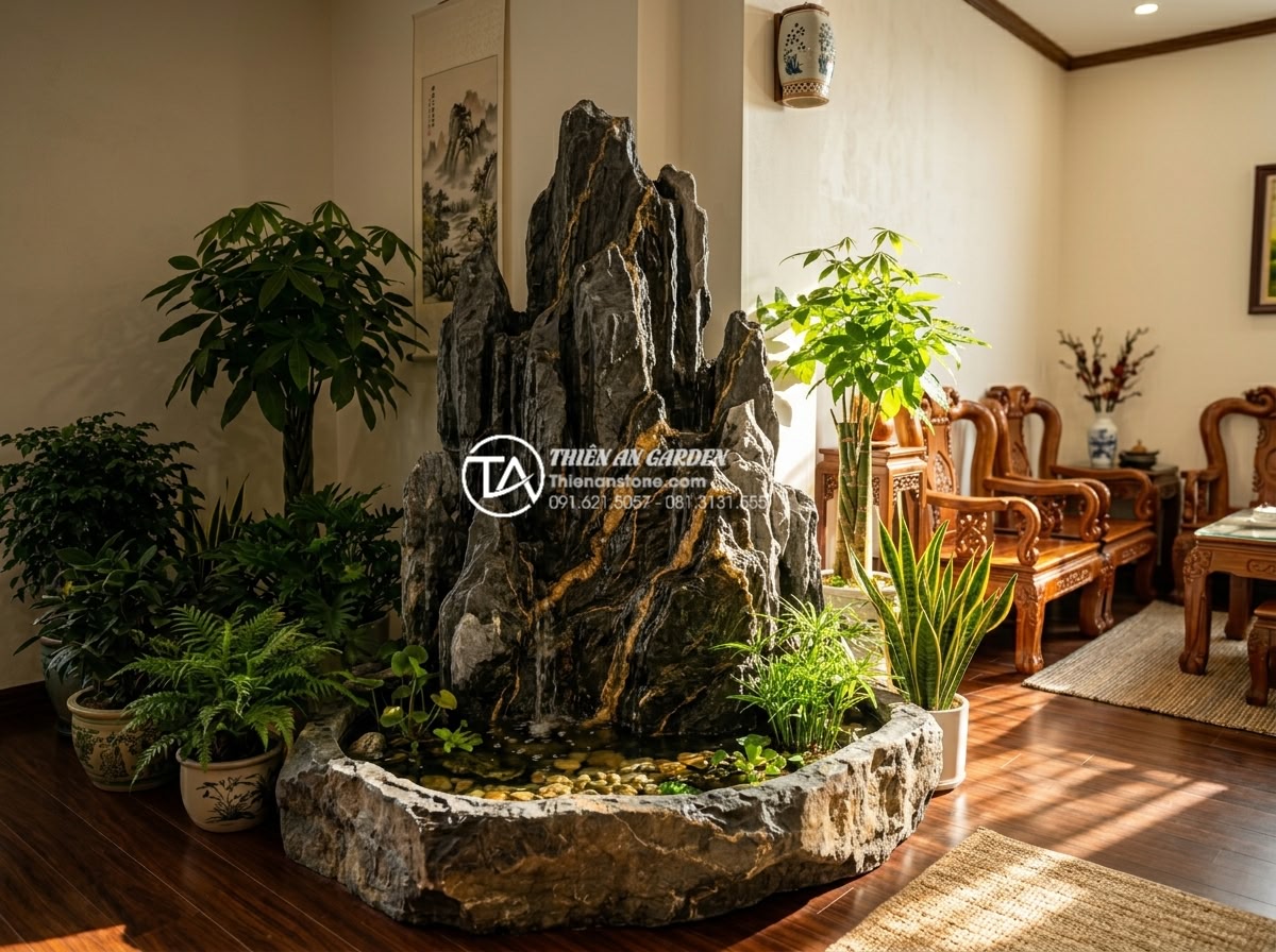 7 Lỗi thường gặp khi làm tiểu cảnh nước trong nhà khiến gia chủ 'mất lộc' - Hình 2 7 Lỗi thường gặp khi làm tiểu cảnh nước trong nhà khiến gia chủ 'mất lộc' - Realistic high-quality photo showing the correct feng shui placement of a natura