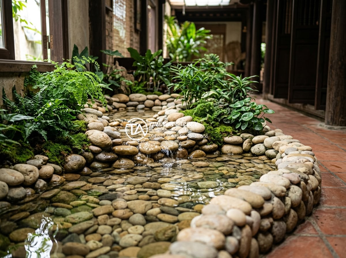 7 Lỗi thường gặp khi làm tiểu cảnh nước trong nhà khiến gia chủ 'mất lộc' - Hình 6 7 Lỗi thường gặp khi làm tiểu cảnh nước trong nhà khiến gia chủ 'mất lộc' - Realistic photograph of a well-maintained natural stone indoor water feature wit