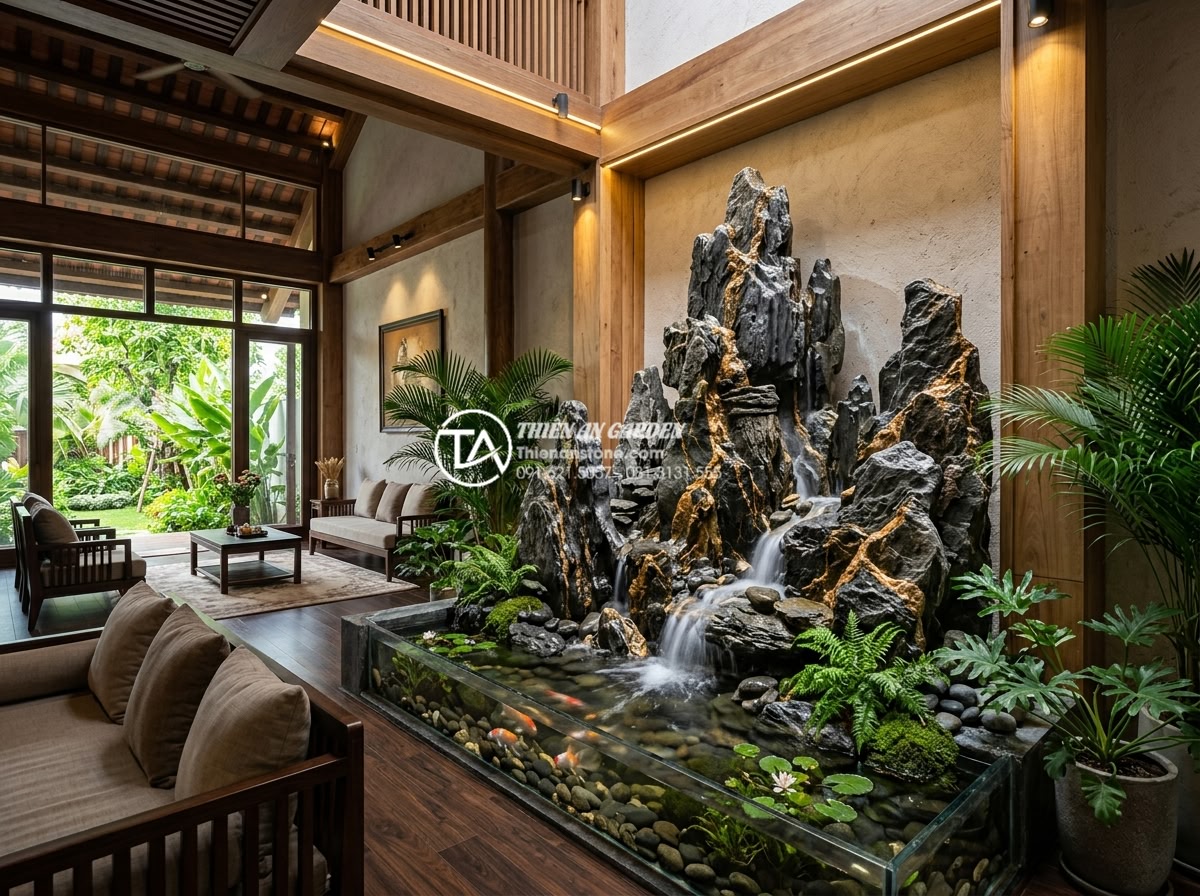 7 Lỗi thường gặp khi làm tiểu cảnh nước trong nhà khiến gia chủ 'mất lộc' - Hình 9 7 Lỗi thường gặp khi làm tiểu cảnh nước trong nhà khiến gia chủ 'mất lộc' - Wide angle realistic photo of a complete professional indoor natural stone water