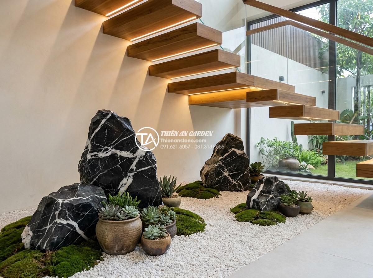 7 Sai lầm chết người khi làm tiểu cảnh khô gầm cầu thang bạn cần tránh - Professional high-resolution photograph of an elegant dry mini landscape under a