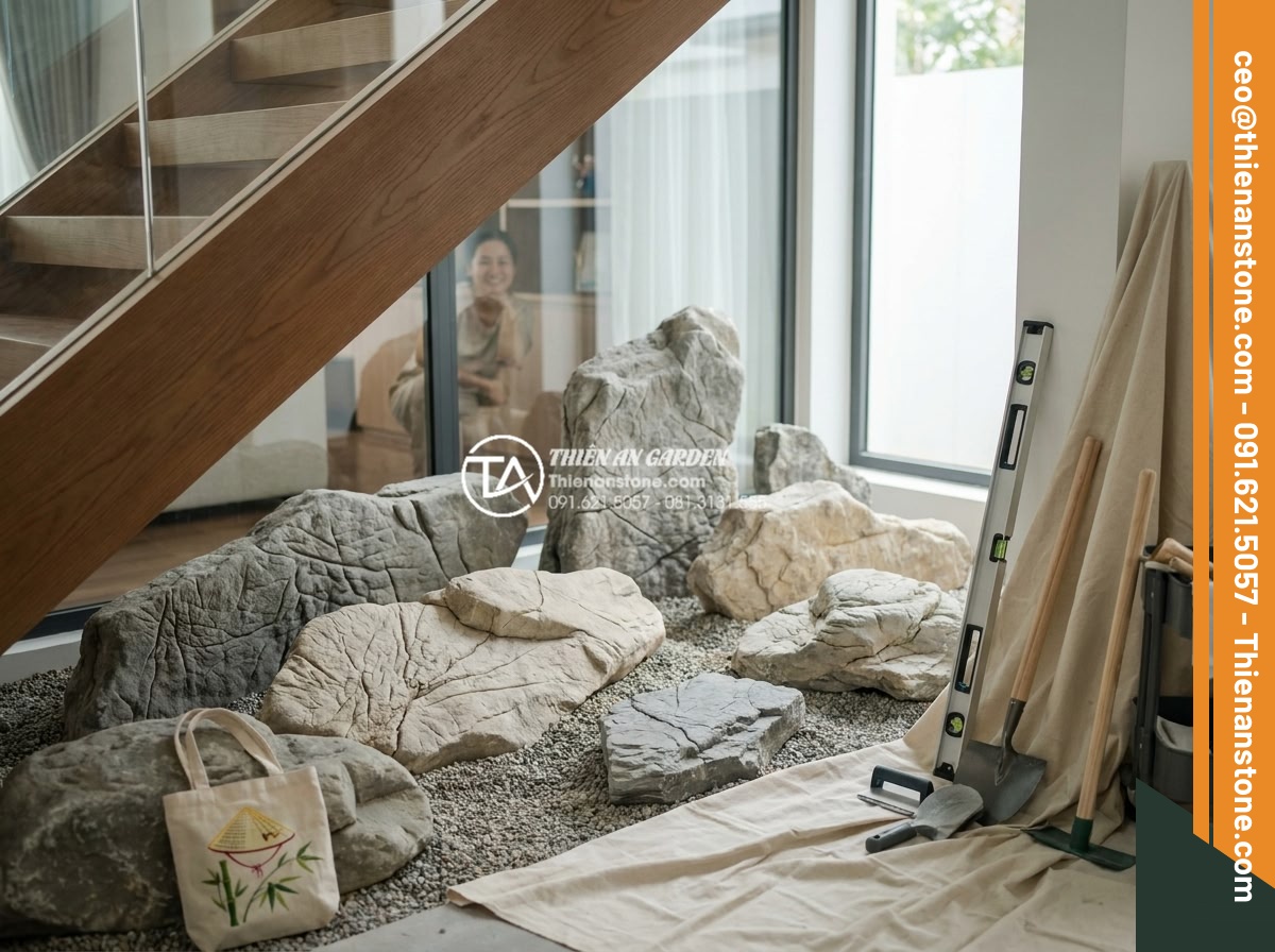 7 Sai lầm chết người khi làm tiểu cảnh khô gầm cầu thang bạn cần tránh - Hình 10 7 Sai lầm chết người khi làm tiểu cảnh khô gầm cầu thang bạn cần tránh - Professional team photo of Đá Cảnh Thiên An experts installing a stunning dry la