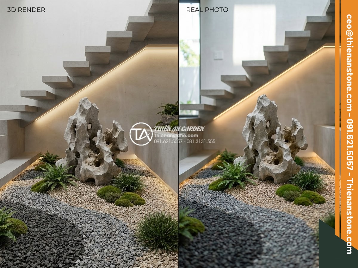 7 Sai lầm chết người khi làm tiểu cảnh khô gầm cầu thang bạn cần tránh - Hình 4 7 Sai lầm chết người khi làm tiểu cảnh khô gầm cầu thang bạn cần tránh - 3D rendered visualization and real photo comparison of perfectly balanced dry la