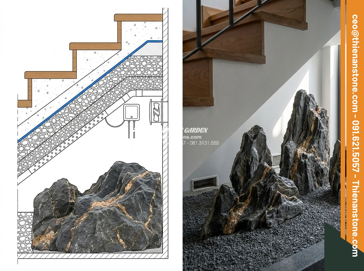 7 Sai lầm chết người khi làm tiểu cảnh khô gầm cầu thang bạn cần tránh - Hình 5 7 Sai lầm chết người khi làm tiểu cảnh khô gầm cầu thang bạn cần tránh - Technical cross-section diagram and real installation photo of professional drai