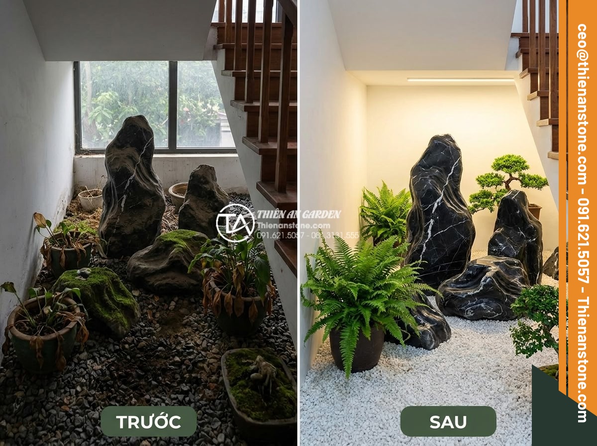 7 Sai lầm chết người khi làm tiểu cảnh khô gầm cầu thang bạn cần tránh - Hình 8 7 Sai lầm chết người khi làm tiểu cảnh khô gầm cầu thang bạn cần tránh - Before and after professional maintenance comparison of dry landscape under stai