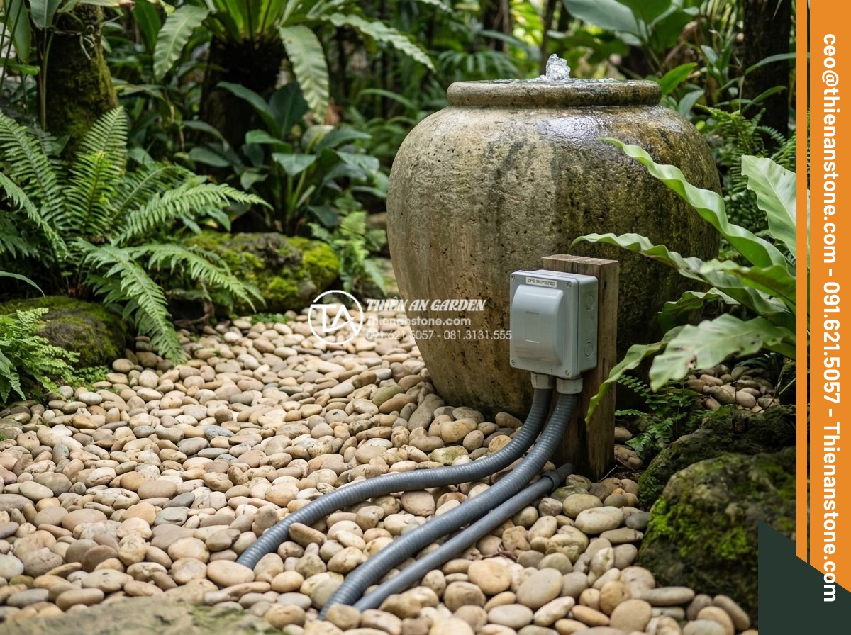 An toàn điện khi lắp đặt tiểu cảnh chum nước ngoài trời: Những điều cần biết - Professional safe electrical installation for outdoor natural stone water jar fo