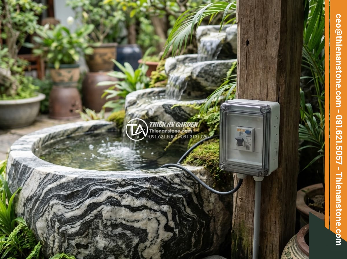 An toàn điện khi lắp đặt tiểu cảnh chum nước ngoài trời: Những điều cần biết - Real-world example of anti-shock protection devices applied in luxury garden wat
