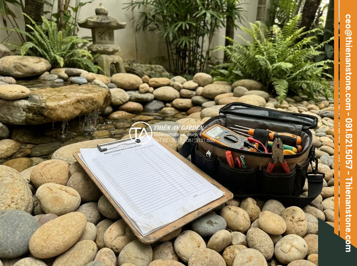 An toàn điện khi lắp đặt tiểu cảnh chum nước ngoài trời: Những điều cần biết - Maintenance checklist and technician inspecting electrical components of outdoor