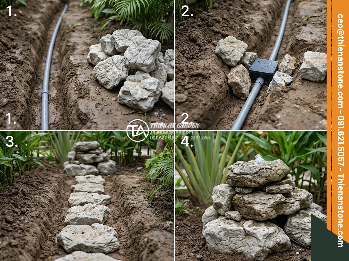 An toàn điện khi lắp đặt tiểu cảnh chum nước ngoài trời: Những điều cần biết - Step-by-step underground electrical conduit installation for safe outdoor garden