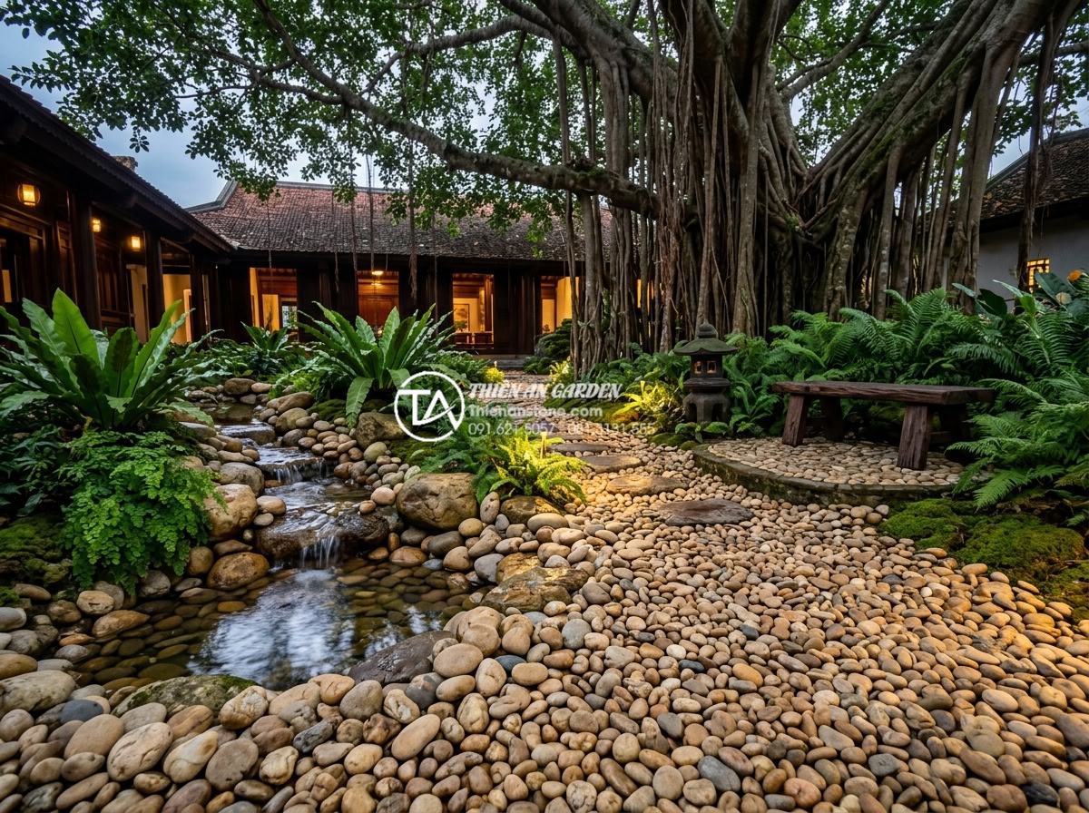 Báo giá thi công tiểu cảnh dưới gốc cây trọn gói mới nhất 2026 - High-resolution realistic photograph of a luxurious Vietnamese-style rock garden