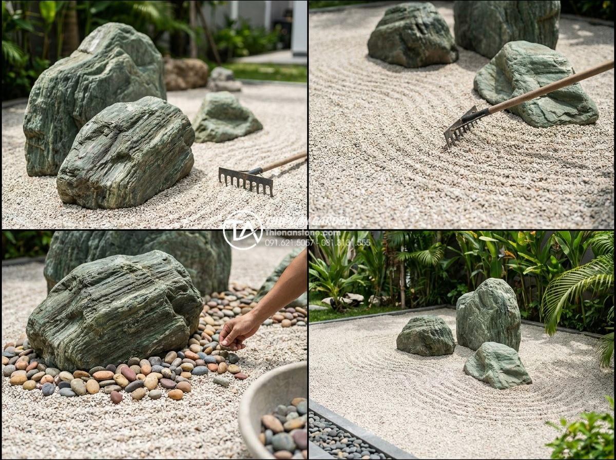 Báo giá thi công tiểu cảnh khô trọn gói mới nhất 2026 - Step-by-step professional construction photography of dry garden installation sh