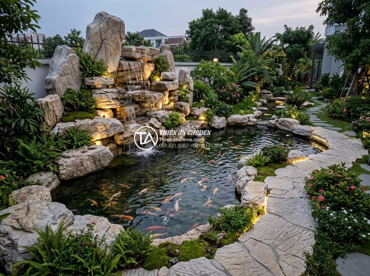 Báo giá thi công tiểu cảnh nước trọn gói 2026: Đơn giá tính theo m2 hay theo bộ? - Clean professional infographic style realistic photo of a complete high-end wate