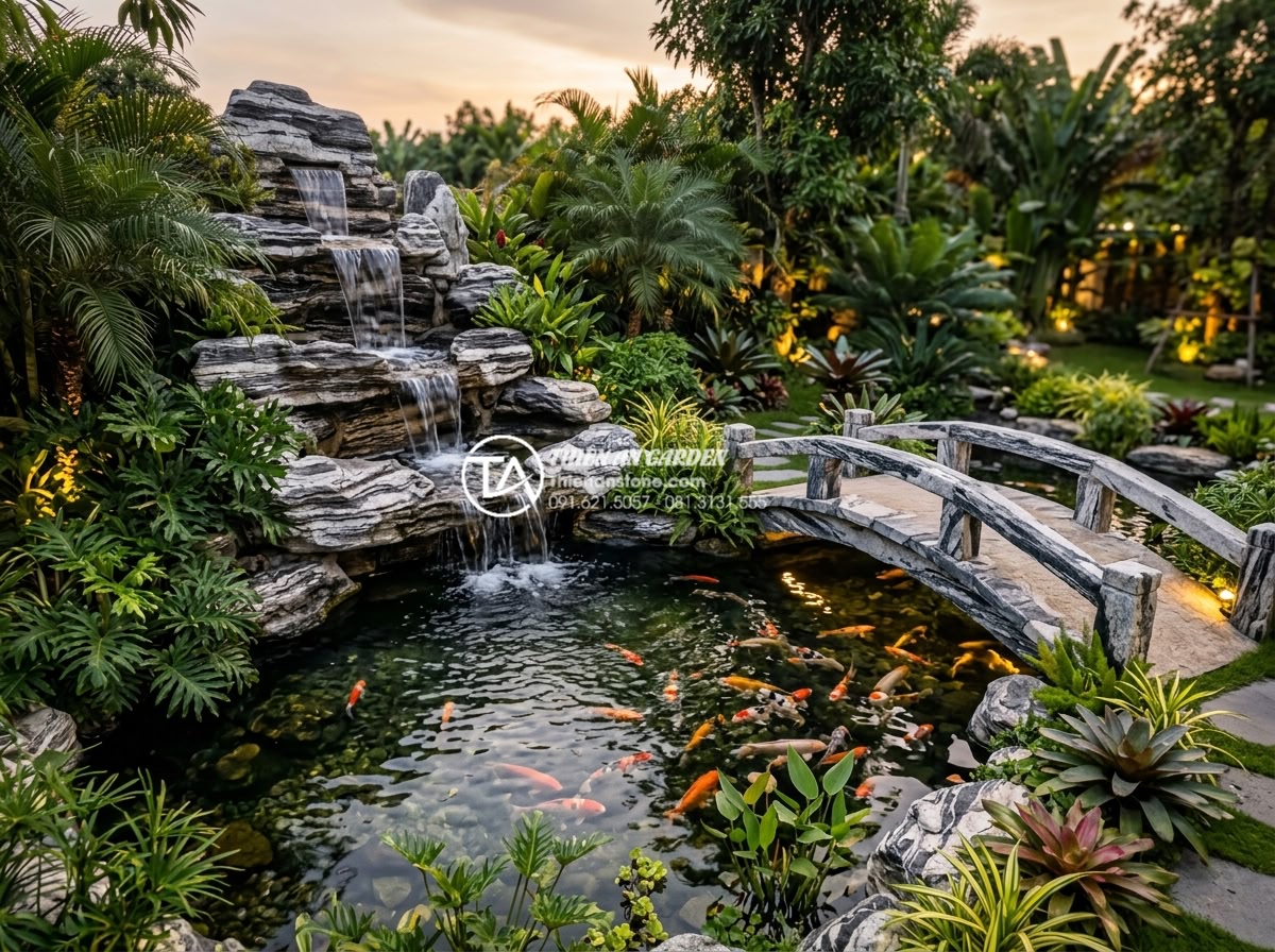 Báo giá thi công tiểu cảnh nước trọn gói 2026: Đơn giá tính theo m2 hay theo bộ? - High-end realistic photograph of a finished luxury water garden project by profe