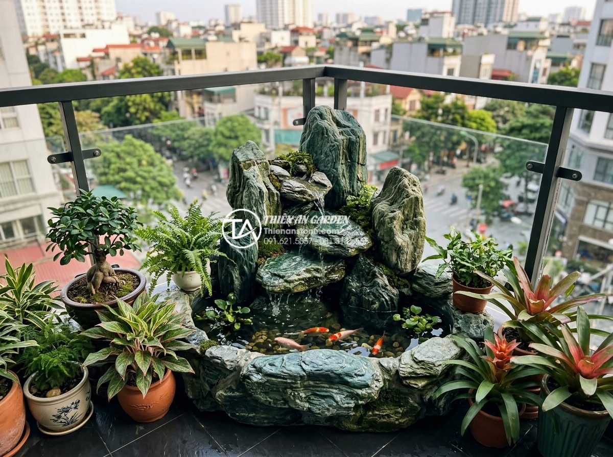 Báo giá thi công tiểu cảnh nước trọn gói 2026: Đơn giá tính theo m2 hay theo bộ? - Beautiful realistic image of a compact yet stunning mini water feature for apart