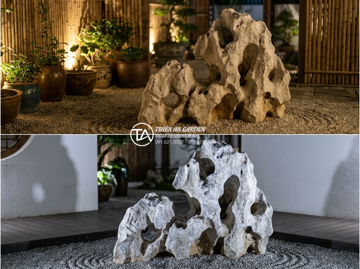 Bí quyết bố trí ánh sáng giúp tiểu cảnh khô lung linh về đêm - Hình 6 Bí quyết bố trí ánh sáng giúp tiểu cảnh khô lung linh về đêm - Comparison night shots of the same dry rock garden under different color tempera