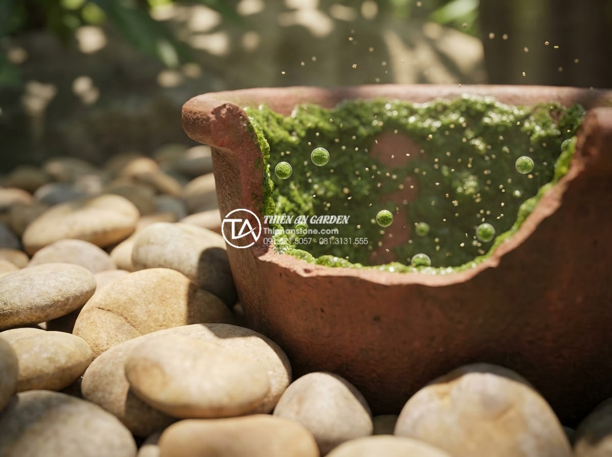 Bí quyết giữ nước trong tiểu cảnh chum luôn trong vắt, không rêu xanh - Hình 1 Bí quyết giữ nước trong tiểu cảnh chum luôn trong vắt, không rêu xanh - Close-up scientific illustration of green algae biofilm forming on the inner wal