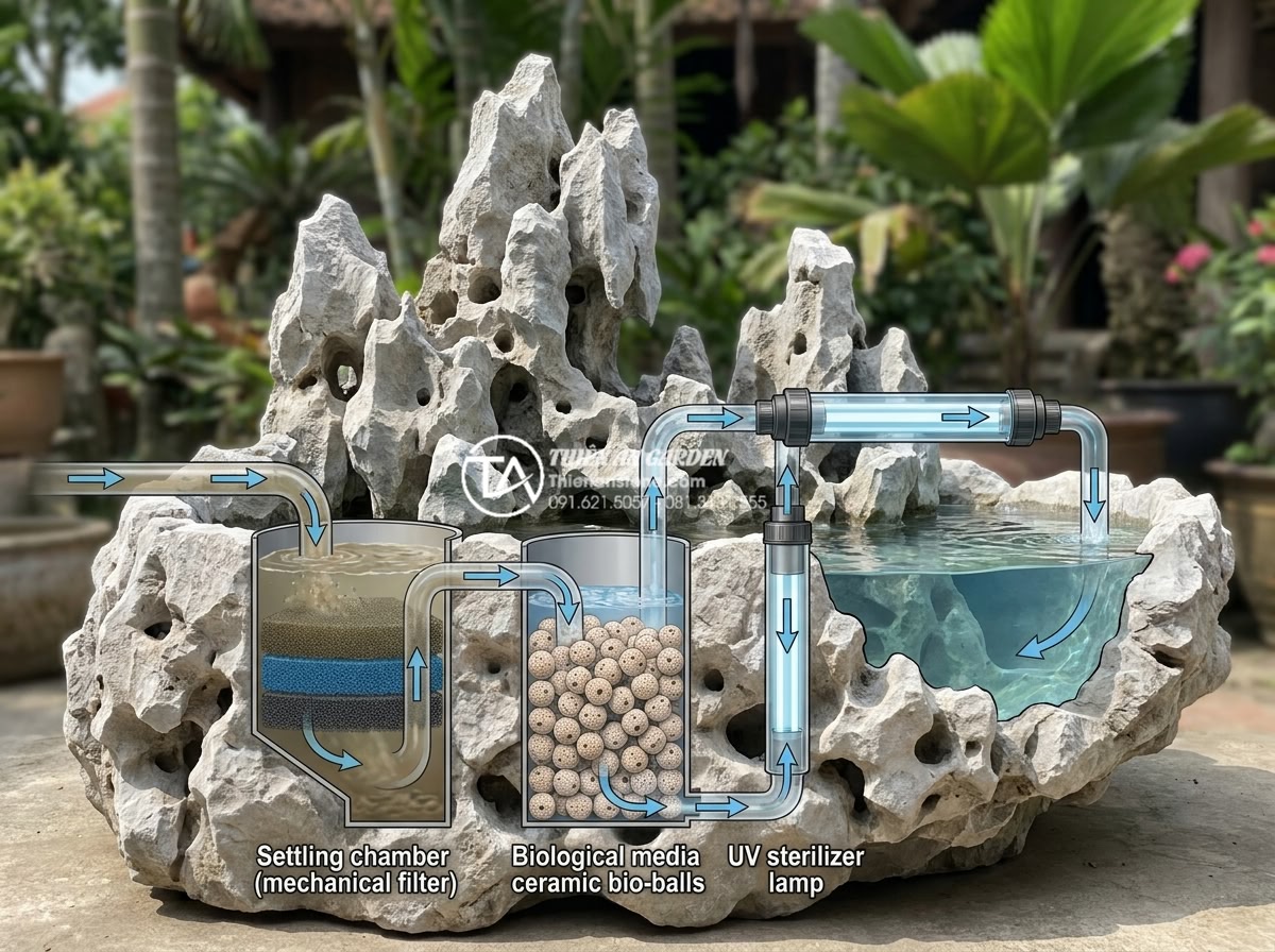Bí quyết giữ nước trong tiểu cảnh chum luôn trong vắt, không rêu xanh - Hình 3 Bí quyết giữ nước trong tiểu cảnh chum luôn trong vắt, không rêu xanh - Technical diagram of a professional 3-stage water filtration system for Vietname
