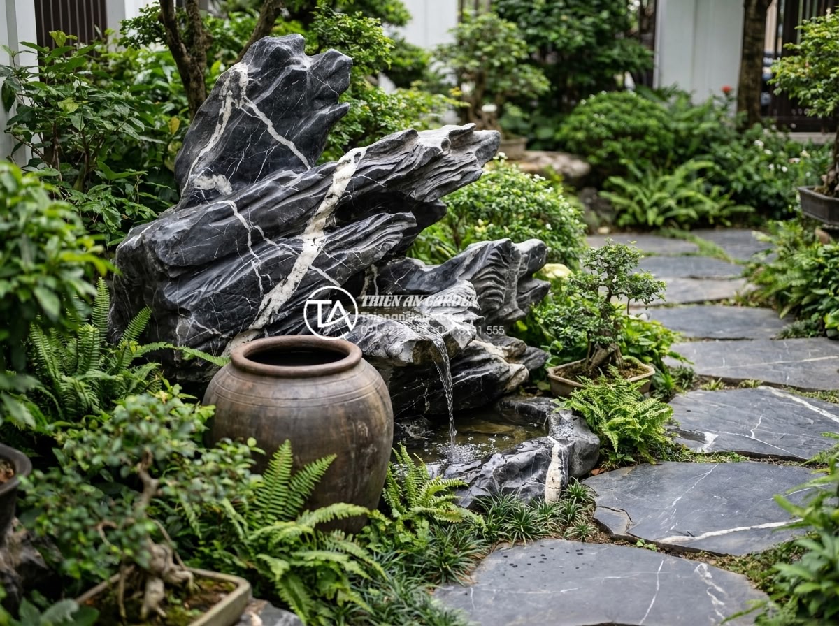 Bí quyết giữ nước trong tiểu cảnh chum luôn trong vắt, không rêu xanh - Hình 7 Bí quyết giữ nước trong tiểu cảnh chum luôn trong vắt, không rêu xanh - Beautiful integrated Vietnamese garden scene with traditional chum water pot at