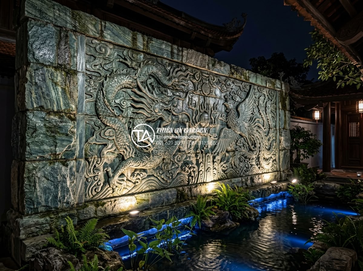 Bí quyết lựa chọn hệ thống đèn LED tạo hiệu ứng cho tiểu cảnh vách tường đêm - Professional nighttime photography of a luxurious natural stone wallscape featur