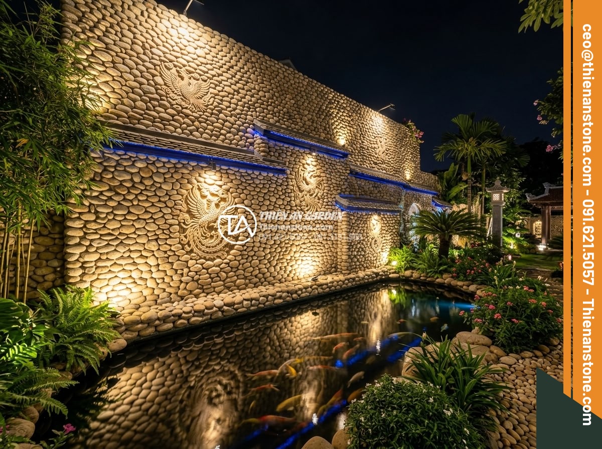 Bí quyết lựa chọn hệ thống đèn LED tạo hiệu ứng cho tiểu cảnh vách tường đêm - Wide angle view of a modern stone wallscape at night featuring layered lighting: