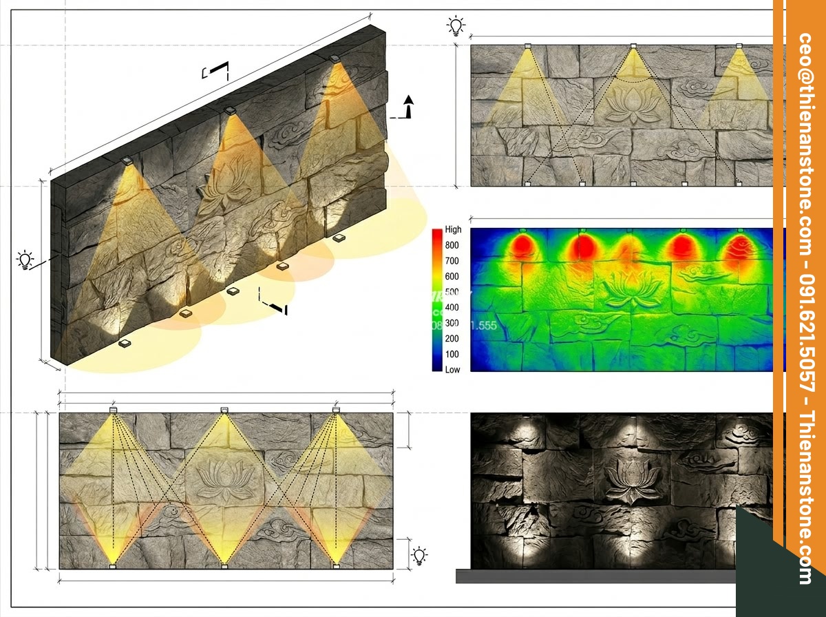 Bí quyết lựa chọn hệ thống đèn LED tạo hiệu ứng cho tiểu cảnh vách tường đêm - Technical diagram style image showing precise LED placement calculations on a la