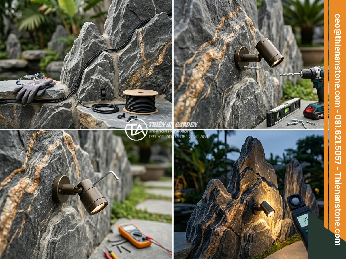 Bí quyết lựa chọn hệ thống đèn LED tạo hiệu ứng cho tiểu cảnh vách tường đêm - Step-by-step installation process of professional LED lighting system on a natur