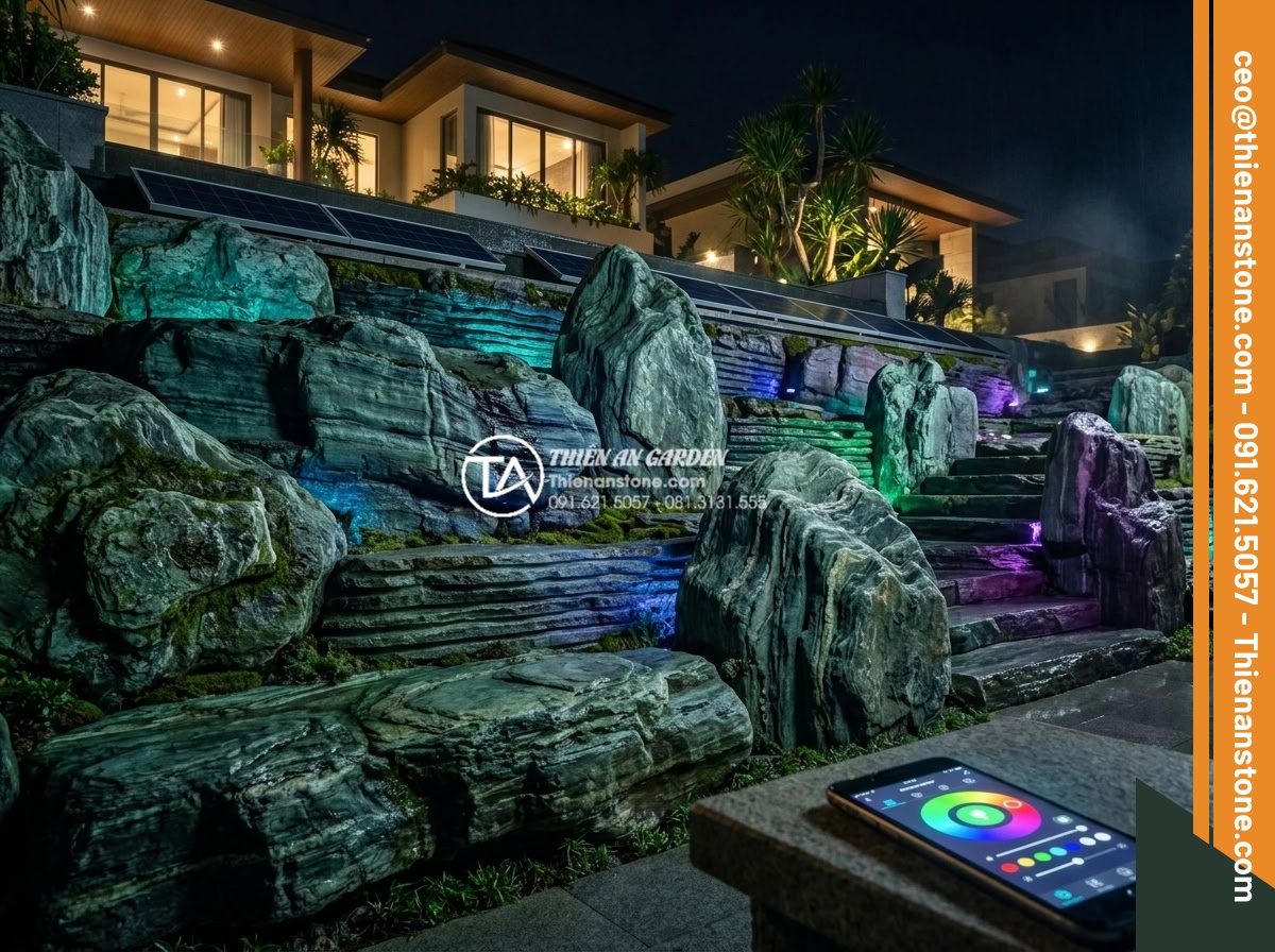 Bí quyết lựa chọn hệ thống đèn LED tạo hiệu ứng cho tiểu cảnh vách tường đêm - Futuristic rendering of an AI-controlled LED lighting system on a luxurious ston