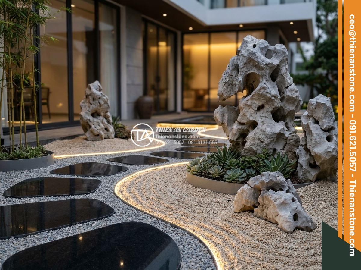 BST 30+ mẫu tiểu cảnh khô đẹp hiện đại dẫn đầu xu hướng năm 2026 - Detailed photorealistic rendering of contemporary dry landscape design 2026, fea