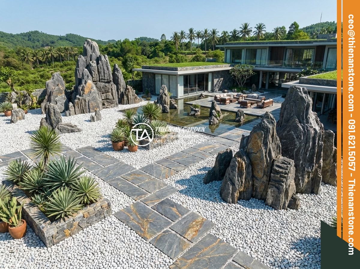 BST 30+ mẫu tiểu cảnh khô đẹp hiện đại dẫn đầu xu hướng năm 2026 - Stunning aerial view of large-scale modern dry garden 2026 for luxury villa, mas