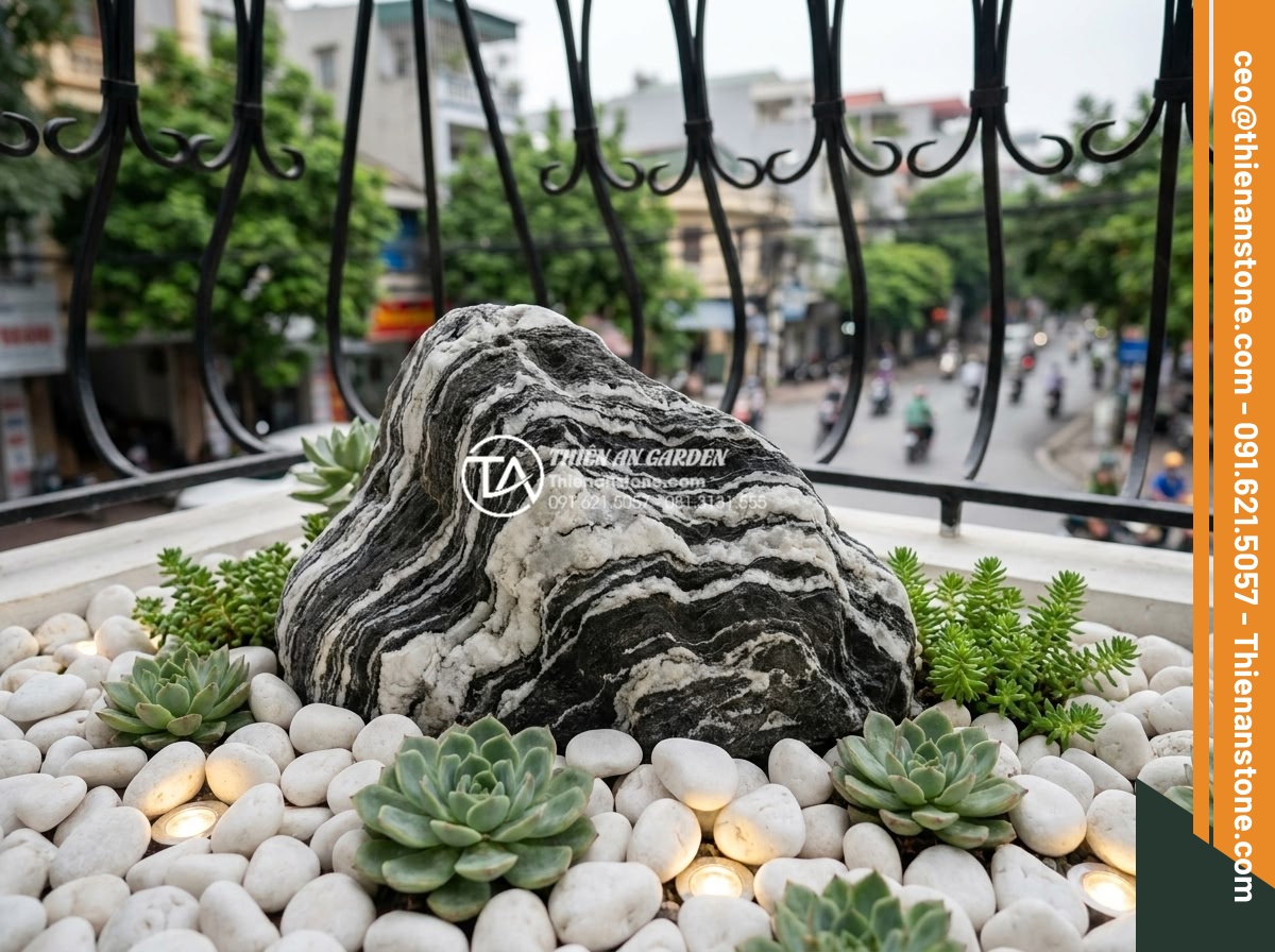 BST 30+ mẫu tiểu cảnh khô đẹp hiện đại dẫn đầu xu hướng năm 2026 - Close-up photorealistic image of compact modern dry landscape for small balcony 