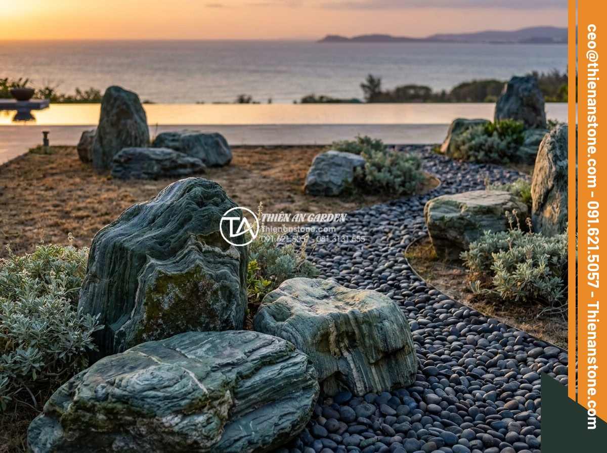 BST 30+ mẫu tiểu cảnh khô đẹp hiện đại dẫn đầu xu hướng năm 2026 - Luxury resort dry landscape 2026 photorealistic, expansive natural stone boulder