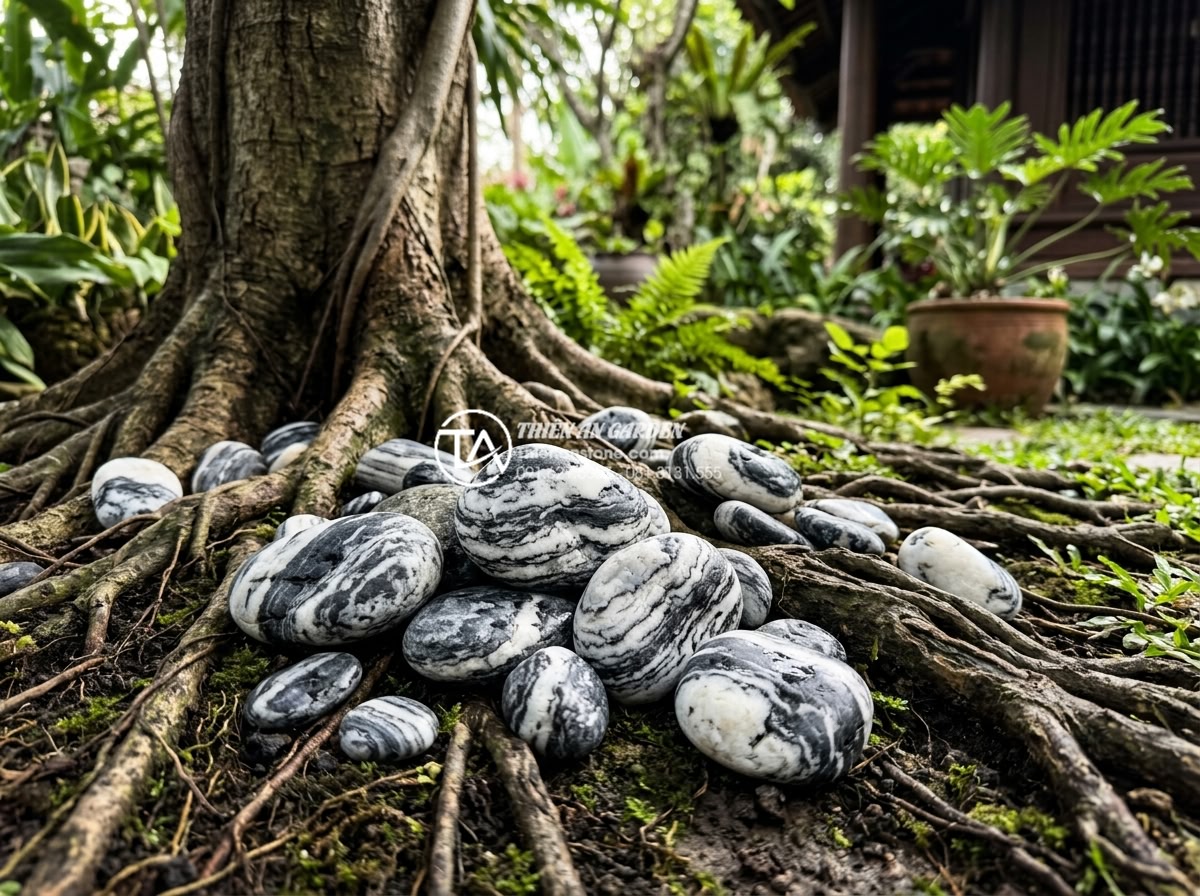 Cách chọn đá cuội tự nhiên trang trí tiểu cảnh gốc cây chuẩn kiến trúc - Completed project photography showcasing a stunning finished tree base pebble la