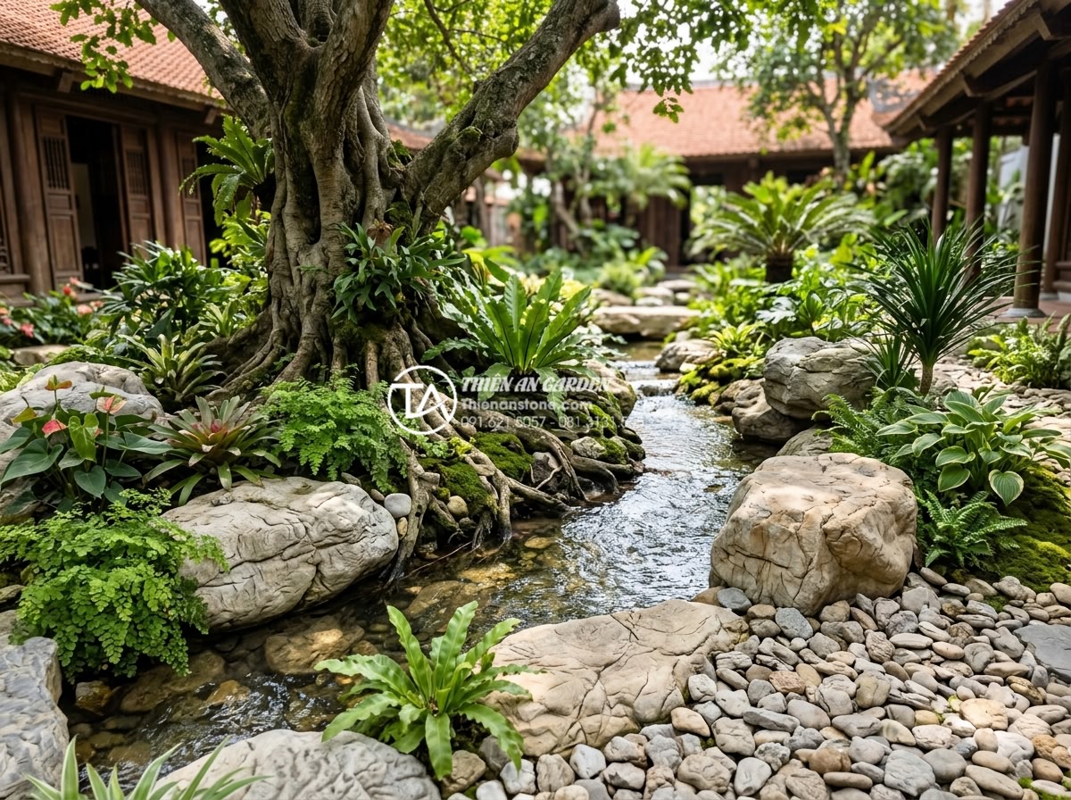Cách chọn đá cuội tự nhiên trang trí tiểu cảnh gốc cây chuẩn kiến trúc - Hình 12 Cách chọn đá cuội tự nhiên trang trí tiểu cảnh gốc cây chuẩn kiến trúc - Detailed daytime photography showing harmonious combination of natural river peb