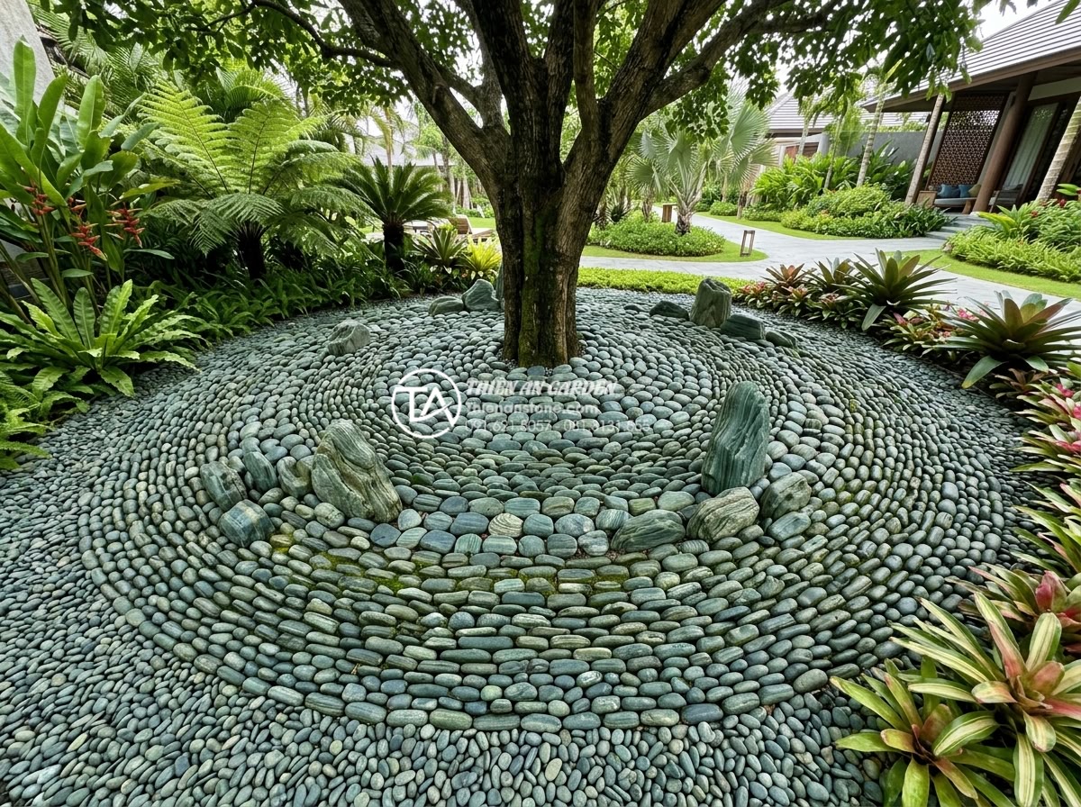 Cách chọn đá cuội tự nhiên trang trí tiểu cảnh gốc cây chuẩn kiến trúc - Hình 2 Cách chọn đá cuội tự nhiên trang trí tiểu cảnh gốc cây chuẩn kiến trúc - Wide angle architectural photography of a beautifully designed tree base miniatu