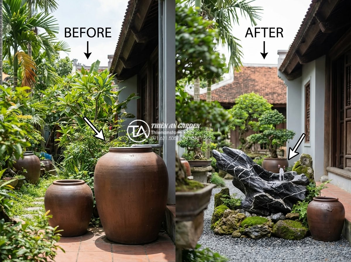 Cách chọn kích thước chum nước phù hợp với diện tích sân vườn và ban công - Hình 11 Cách chọn kích thước chum nước phù hợp với diện tích sân vườn và ban công - Educational before-and-after realistic comparison image of the same Vietnamese g