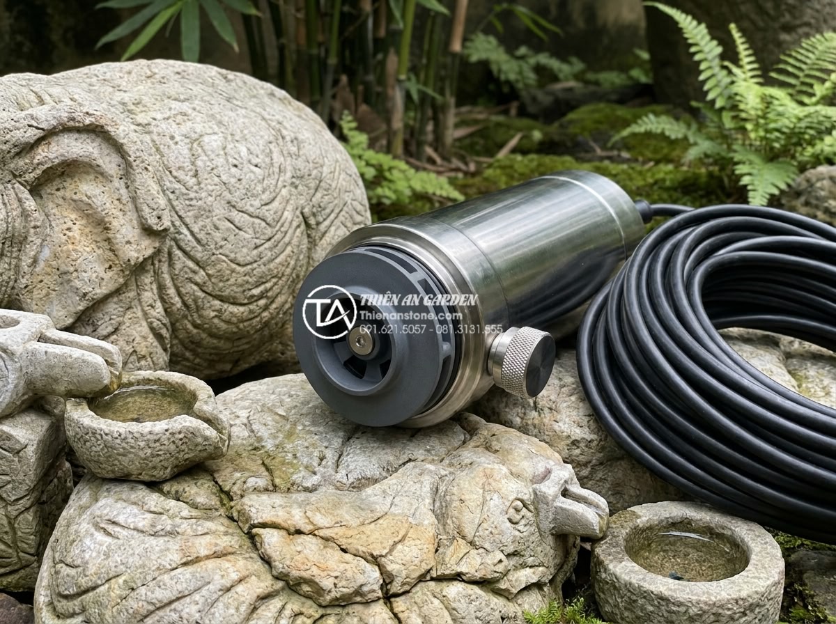 Cách chọn máy bơm cho tiểu cảnh chum nước hoạt động êm ái, bền bỉ - Close-up professional product shot of a premium stainless steel 316 submersible 
