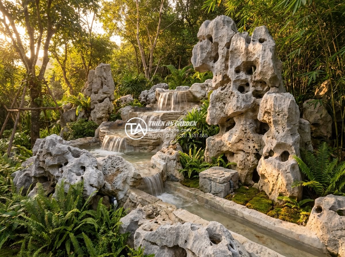 Cách chọn máy bơm cho tiểu cảnh chum nước hoạt động êm ái, bền bỉ - Wide angle professional photograph of a complete hidden water circulation system