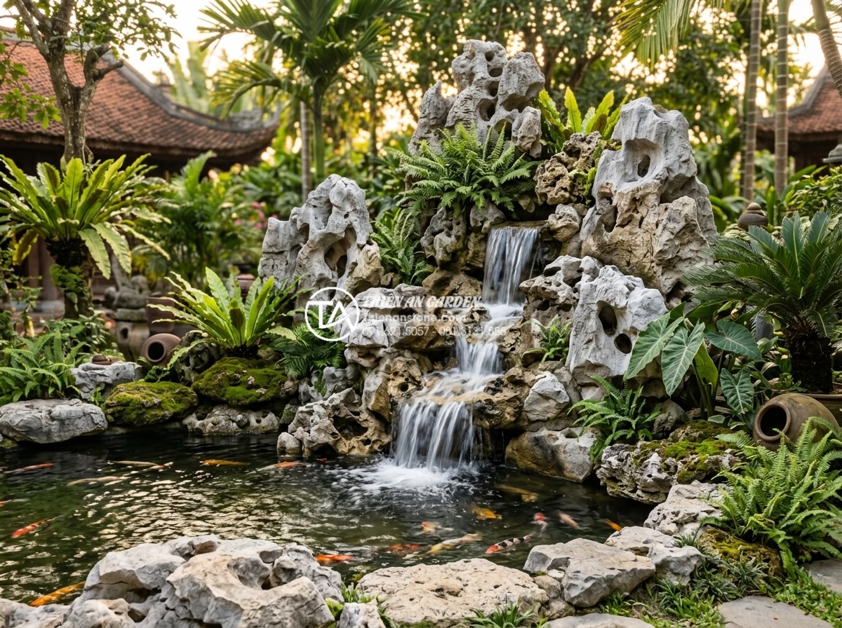 Cách chọn máy bơm tiểu cảnh nước: Thông số lưu lượng và độ cao cột áp cần biết - Hình 1 Cách chọn máy bơm tiểu cảnh nước: Thông số lưu lượng và độ cao cột áp cần biết - Professional wide-angle photograph of a luxurious natural stone garden waterfall