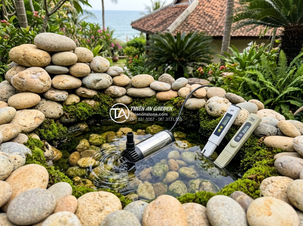 Cách chọn máy bơm tiểu cảnh nước: Thông số lưu lượng và độ cao cột áp cần biết - Hình 6 Cách chọn máy bơm tiểu cảnh nước: Thông số lưu lượng và độ cao cột áp cần biết - High-resolution image of water quality testing kit being used next to a natural
