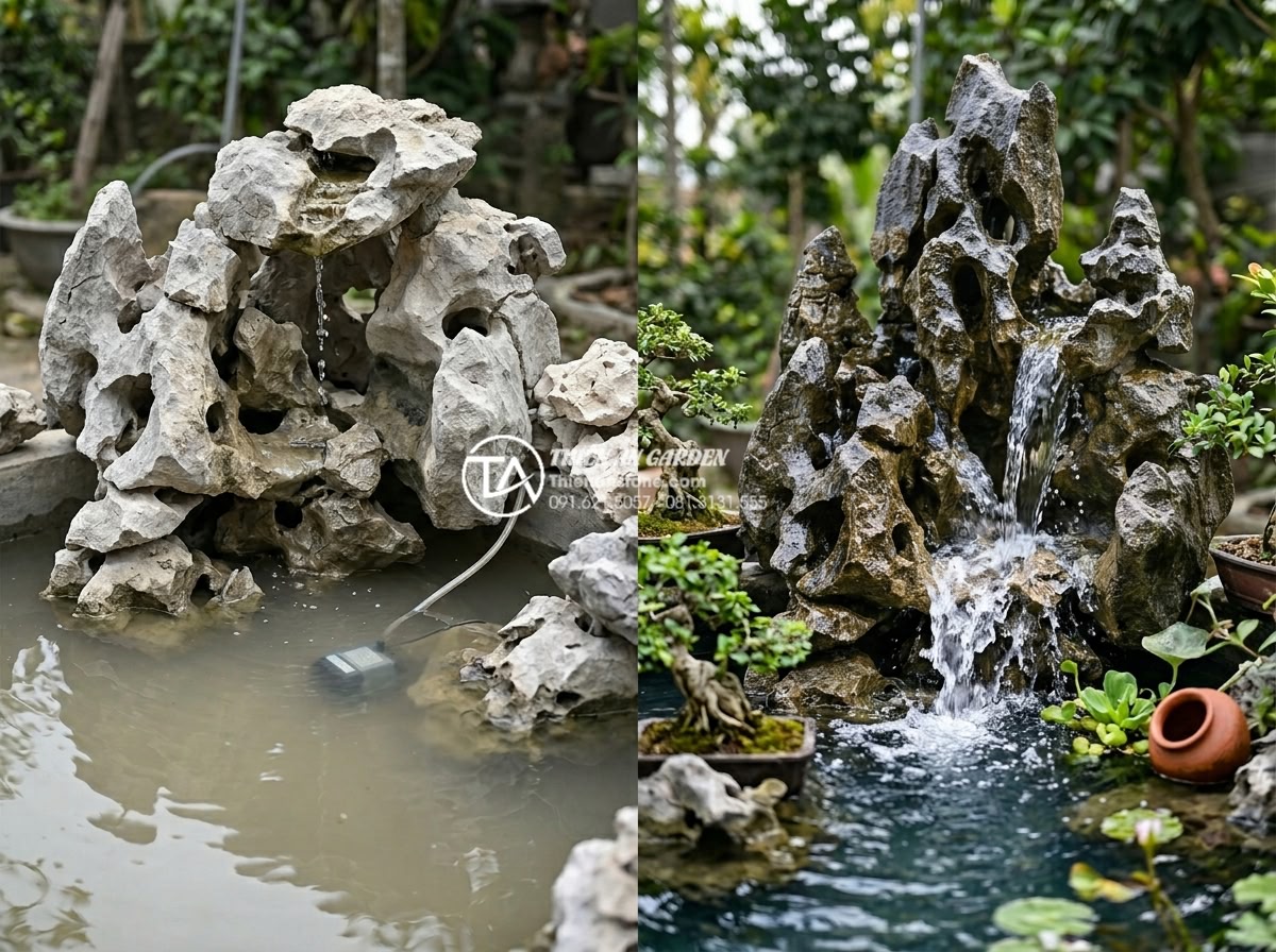 Cách chọn máy bơm tiểu cảnh nước: Thông số lưu lượng và độ cao cột áp cần biết - Hình 8 Cách chọn máy bơm tiểu cảnh nước: Thông số lưu lượng và độ cao cột áp cần biết - Before-and-after comparison photo of a failed mini waterfall installation due to