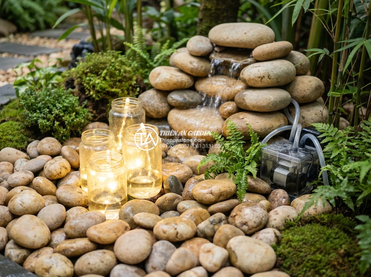 Cách kết hợp đèn LED âm nước cho tiểu cảnh chum lung linh về đêm - Harmonious combination of LED illuminated water jar, surrounding natural rocks, 