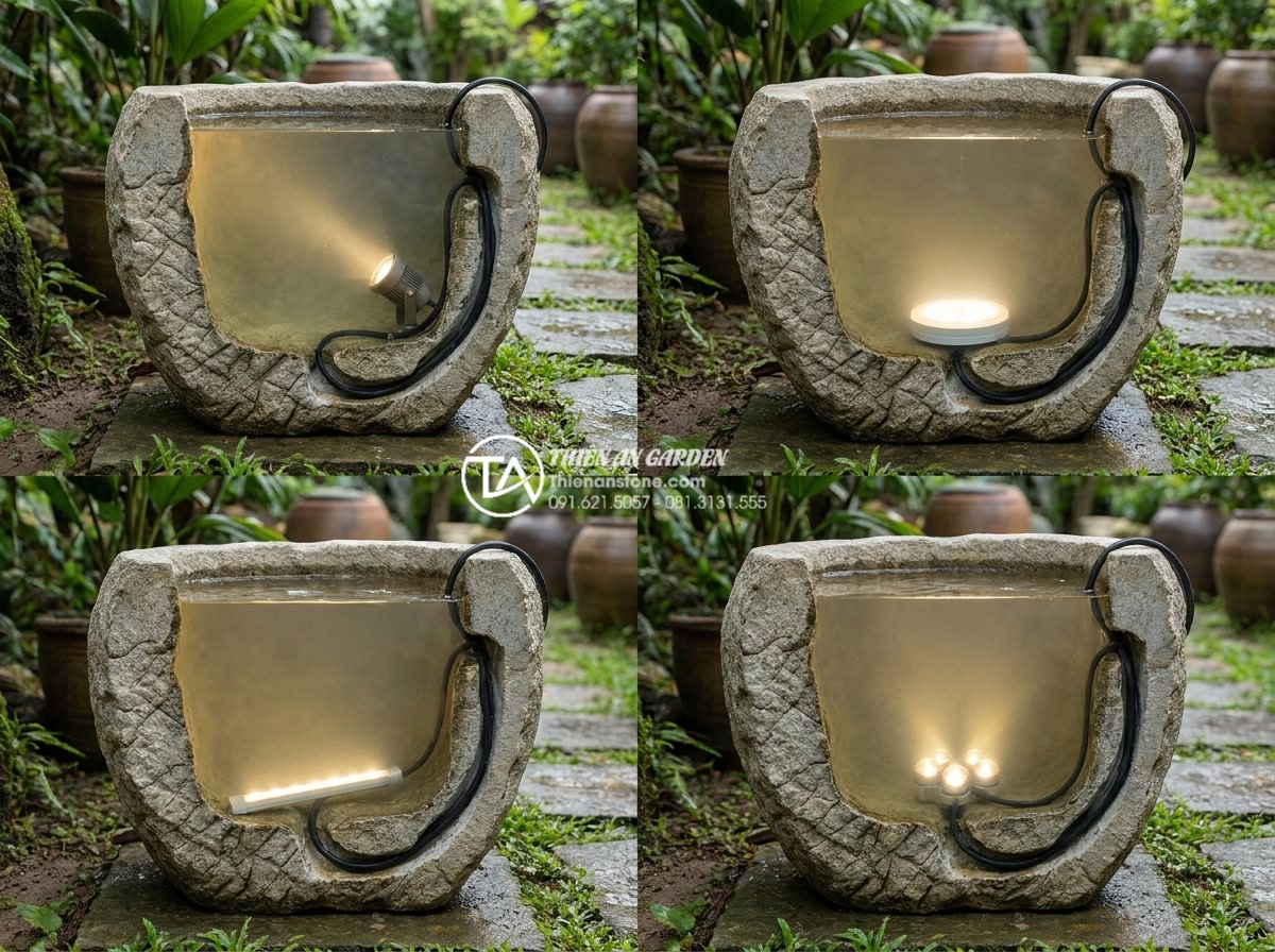 Cách kết hợp đèn LED âm nước cho tiểu cảnh chum lung linh về đêm - Cross-section view of different underwater LED lamp types installed in water-fil