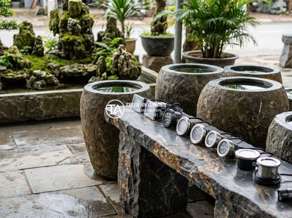 Cách kết hợp đèn LED âm nước cho tiểu cảnh chum lung linh về đêm - Customer choosing underwater LED lights at a stone landscaping showroom, with va